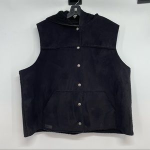 VTG Ralph Lauren Lauren Vest Women's XL/2XL Faux Suede Fleece Lined Hooded Black